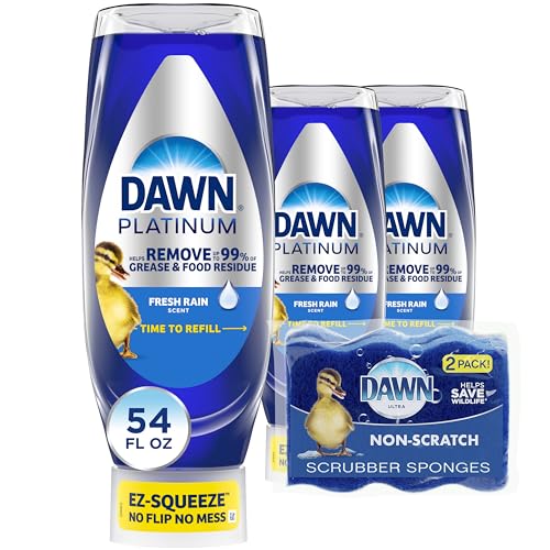 Dawn Platinum Spülmittel, Flüssiges Geschirrspülmittel, Fettlöser, Fresh Rain, 3 x 24 oz + Schwammpaket 