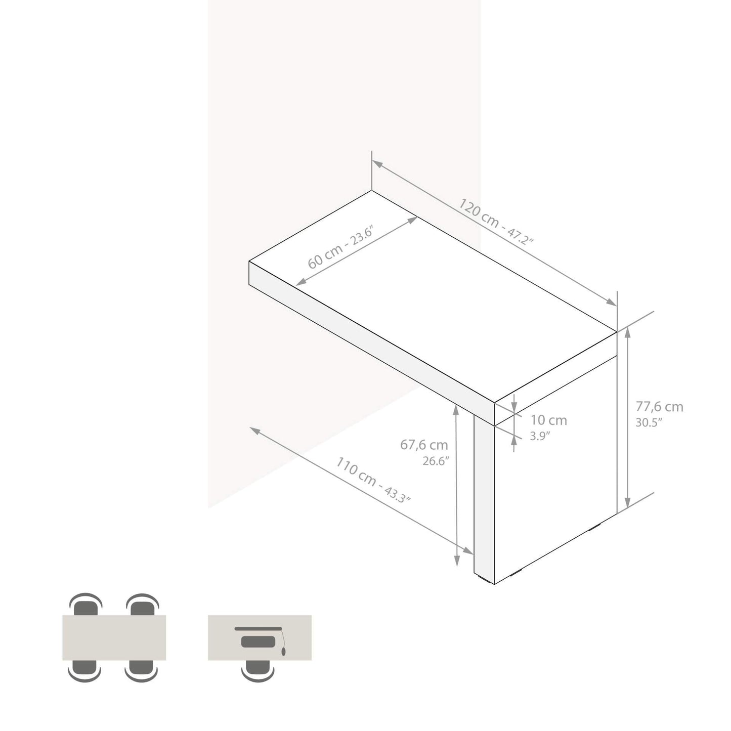 Mobili Fiver, Bureau Evolution 70,9 x 23,6 po, Frêne noir avec un pied, finition stratifiée, bureau moderne, bureau d'écriture et d'étude pour chambre à coucher, bureau, meubles italiens 