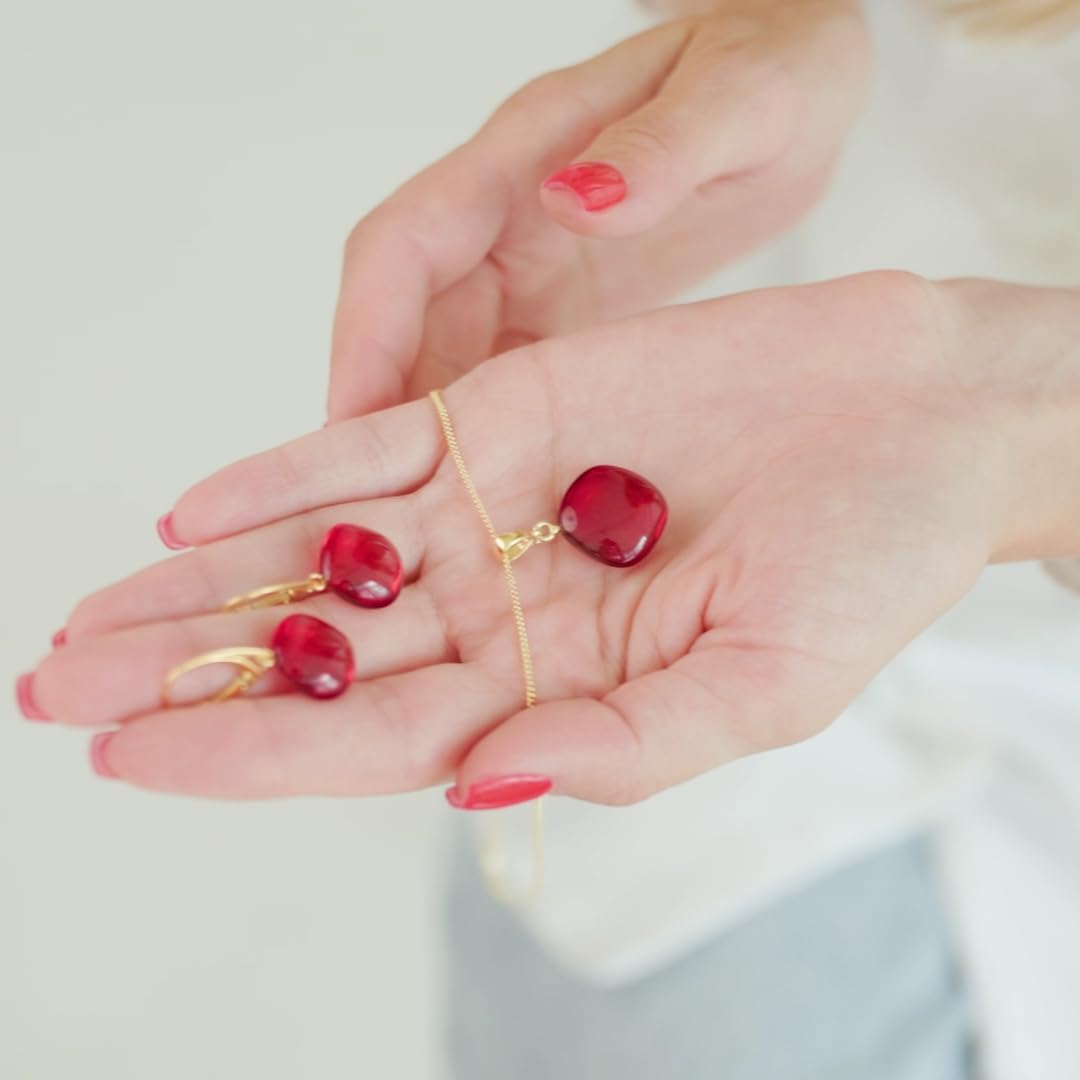 Red Earrings for Women - Gold Plated Silver Leaf Fitting and Closure, Lightweight Edgy Semi-Precious Stone Jewelry for Ladies, Garnet Red Amber Crystal Earrings