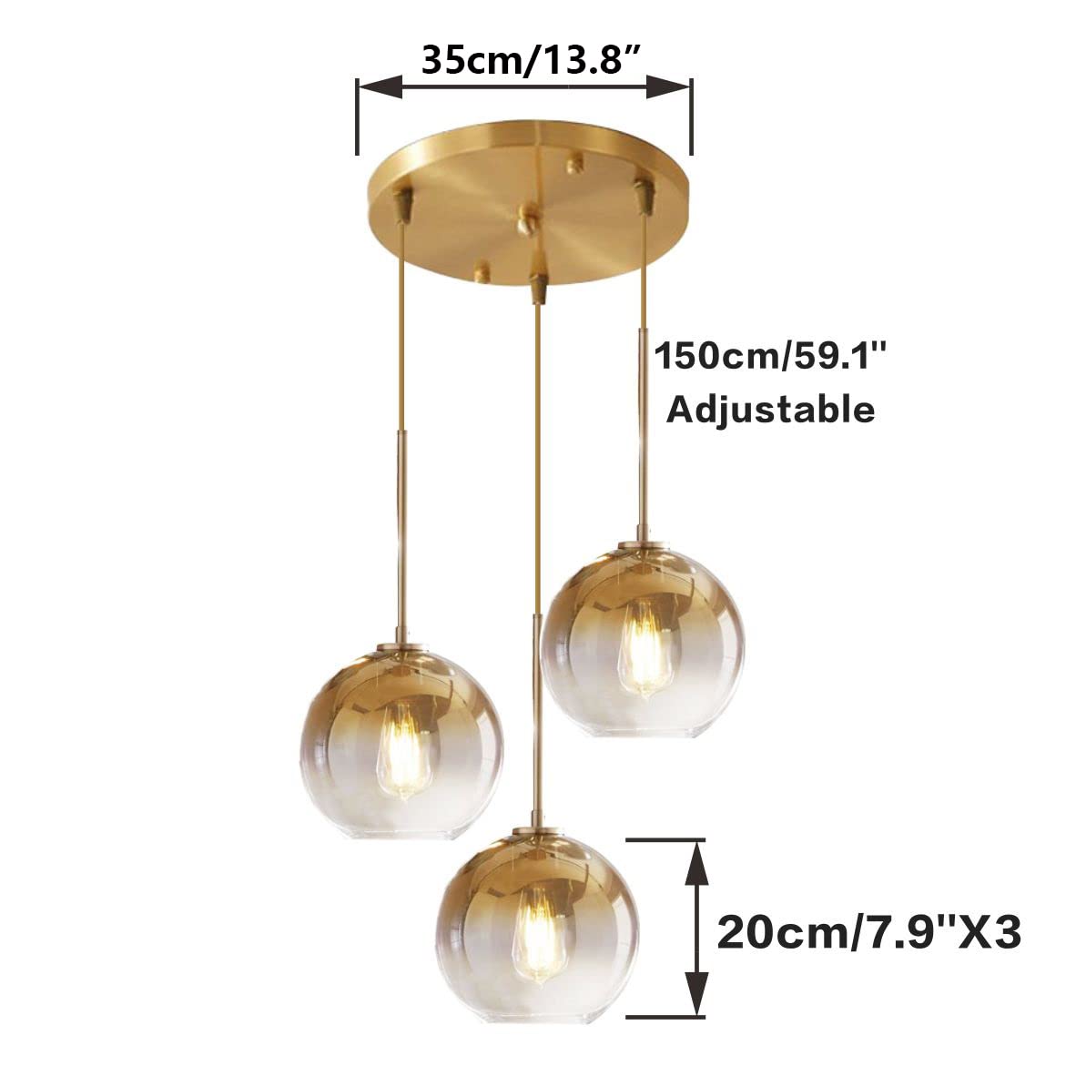 KCO Lighting Suspension en grappe dorée à 3 lampes Suspension en grappe Grandes suspensions en verre Lustre à bulles pour îlot de cuisine Suspension moderne du milieu du siècle 