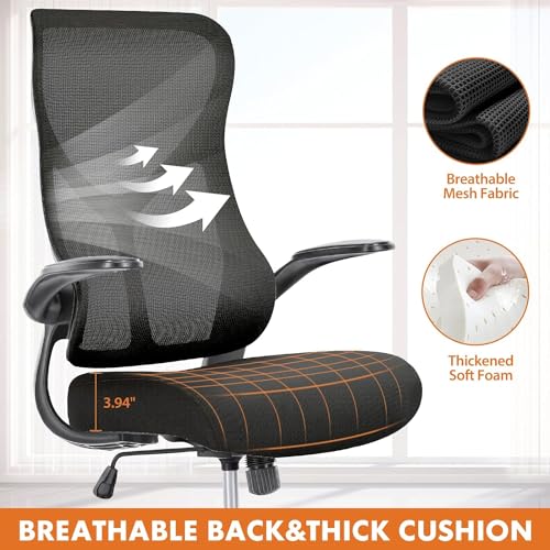 Chaise de bureau ergonomique en maille, chaise de bureau à dossier haut avec appui-tête 2D, support lombaire haut et bas, chaise de travail d'ordinateur pivotante avec accoudoirs rabattables réglables, noir 