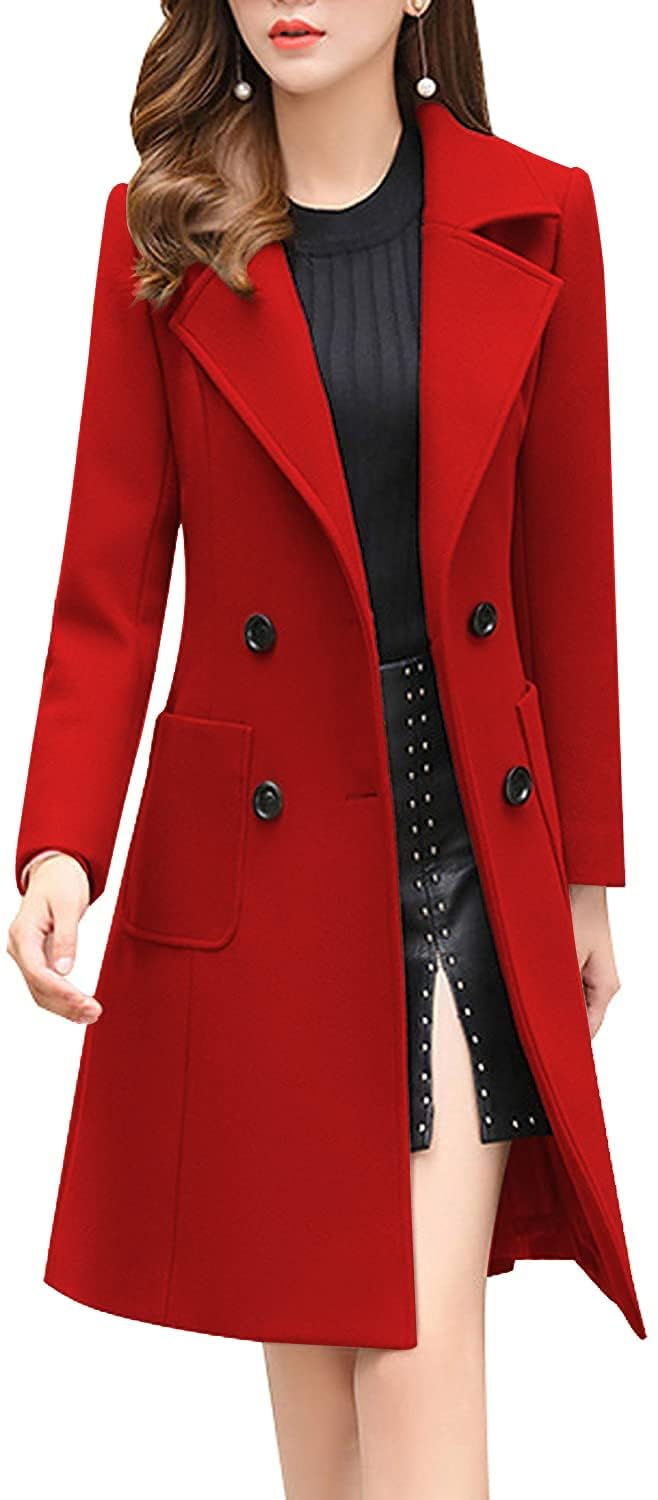 chouyatou Women Elegant Notched Collar Double Breasted Wool Blend Over Coat