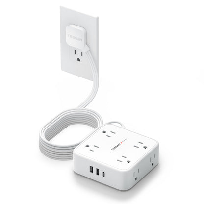 Surge Protector Flat Extension Cord Flat Plug Power Strip, 8 AC Outlets, 3 USB Charger(1 USB C Port) 3-Sided Outlet Extender, 5 Ft, 900 Joules Protection