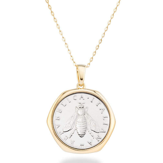 Miabella Italienische Halskette mit Medaillon-Anhänger für Damen, 18 Karat Gold über 925er Sterlingsilber, echte 2-Lira-Bienenmünze, 45,7 cm Kette, hergestellt in Italien