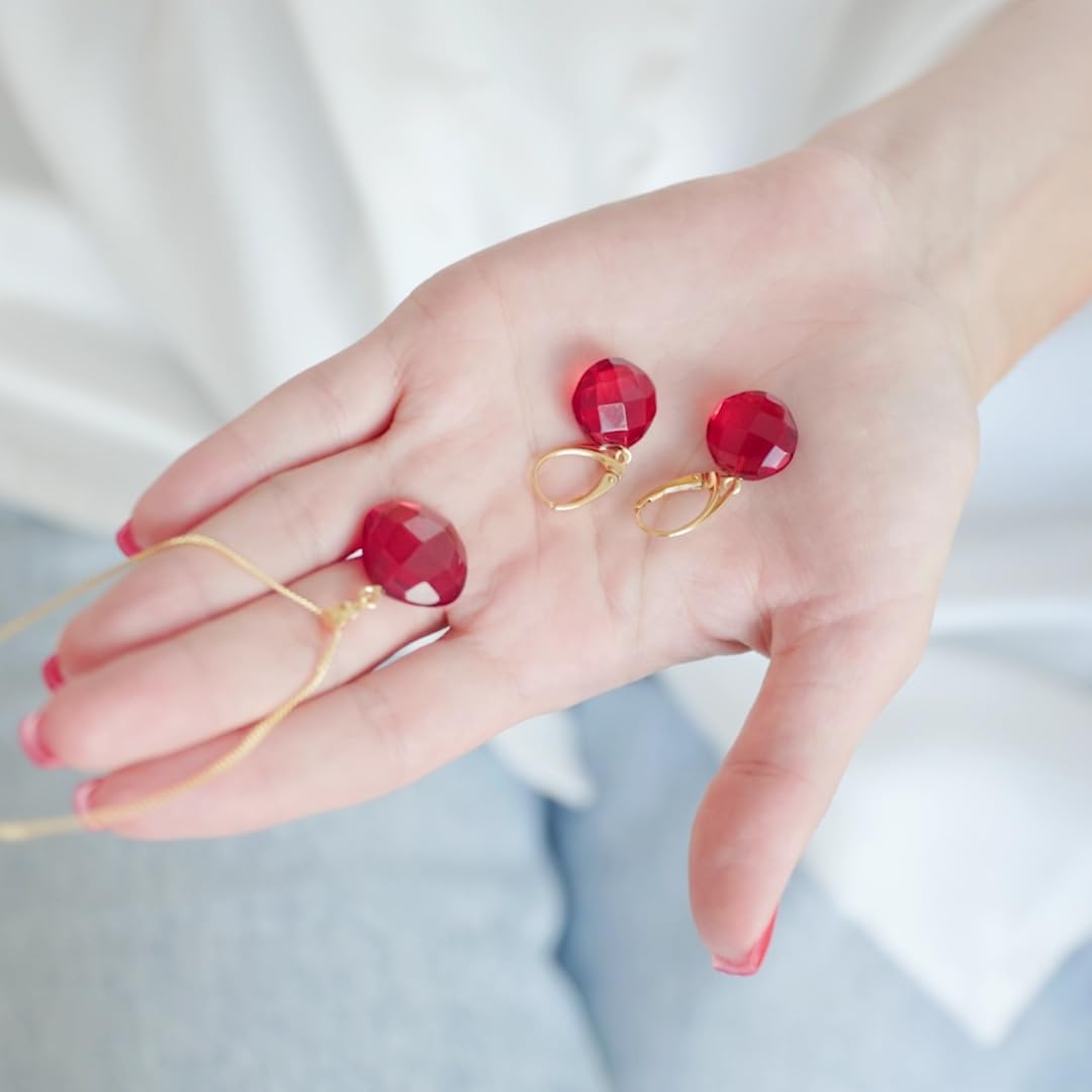 Red Earrings for Women - Gold Plated Silver Leaf Fitting and Closure, Lightweight Edgy Semi-Precious Stone Jewelry for Ladies, Garnet Red Amber Crystal Earrings