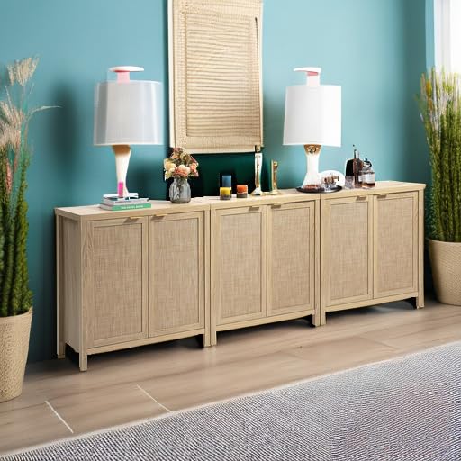 SICOTAS Rattan-Sideboard, Buffetschrank – großer Küchenschrank im Boho-Stil mit Rattan-Aufbewahrung – Holz-Kaffeebar-Schrank, Buffet-Konsolentisch für Esszimmer, Wohnzimmer, Flur – Natur 