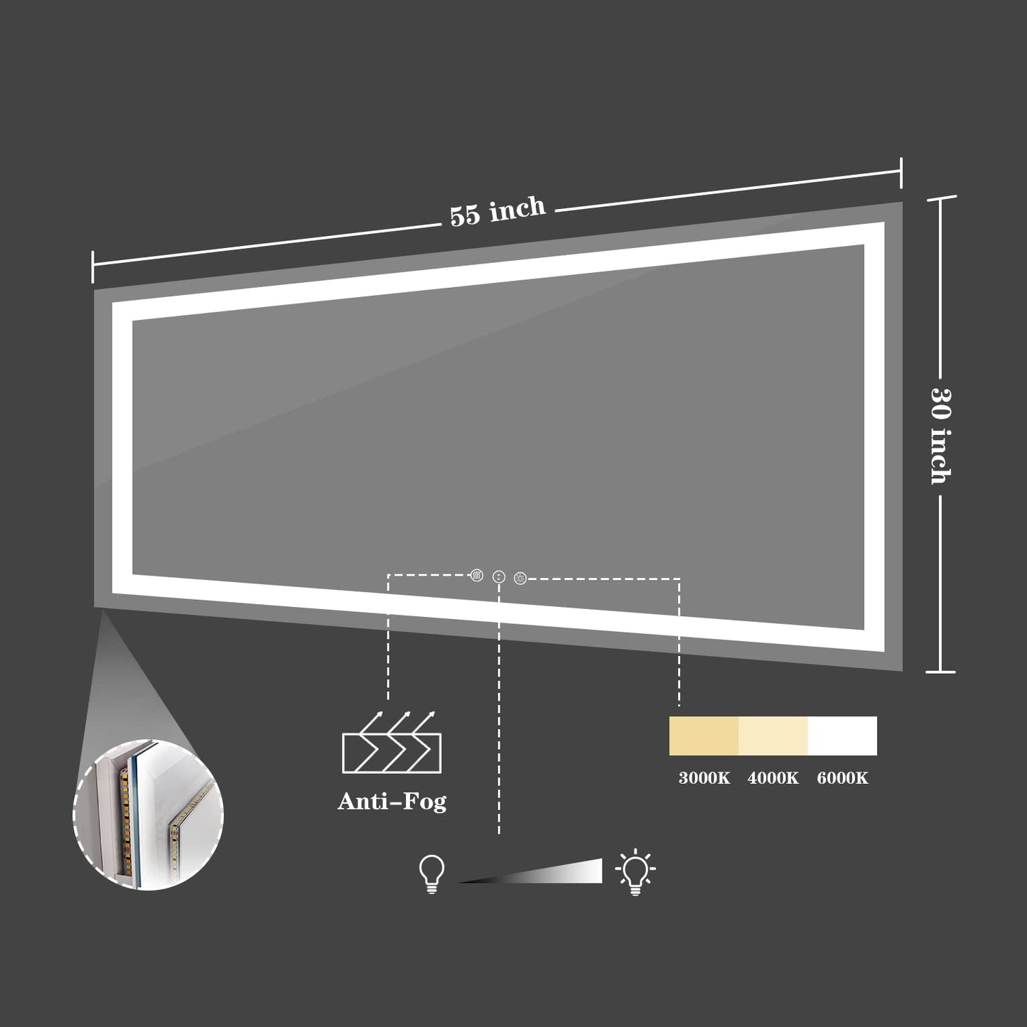 Amorho 20"x 28" LED Bathroom Mirror with Black Frame, Front Light and Backlit(Controlled Separately), Stepless Dimmable, Anti-Fog, Shatter-Proof, 3 Colors, Memory