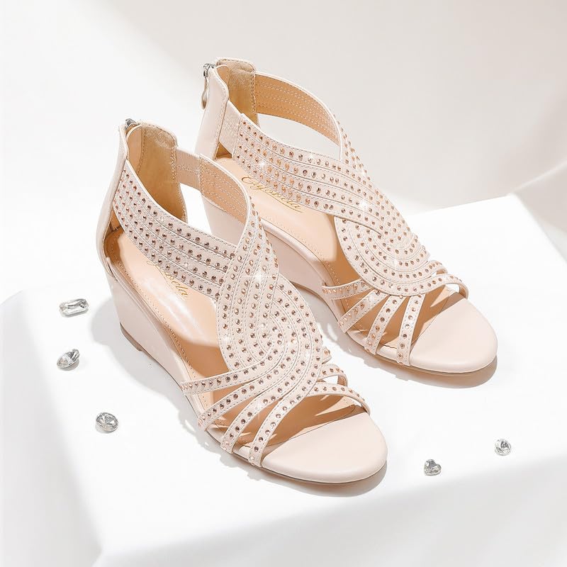 Damen Keilsandalen mit glitzernden Strasssteinen, offene Zehenpartie, modische, elegante Sandalen für Abendveranstaltungen, Hochzeiten und Abschlussbälle 