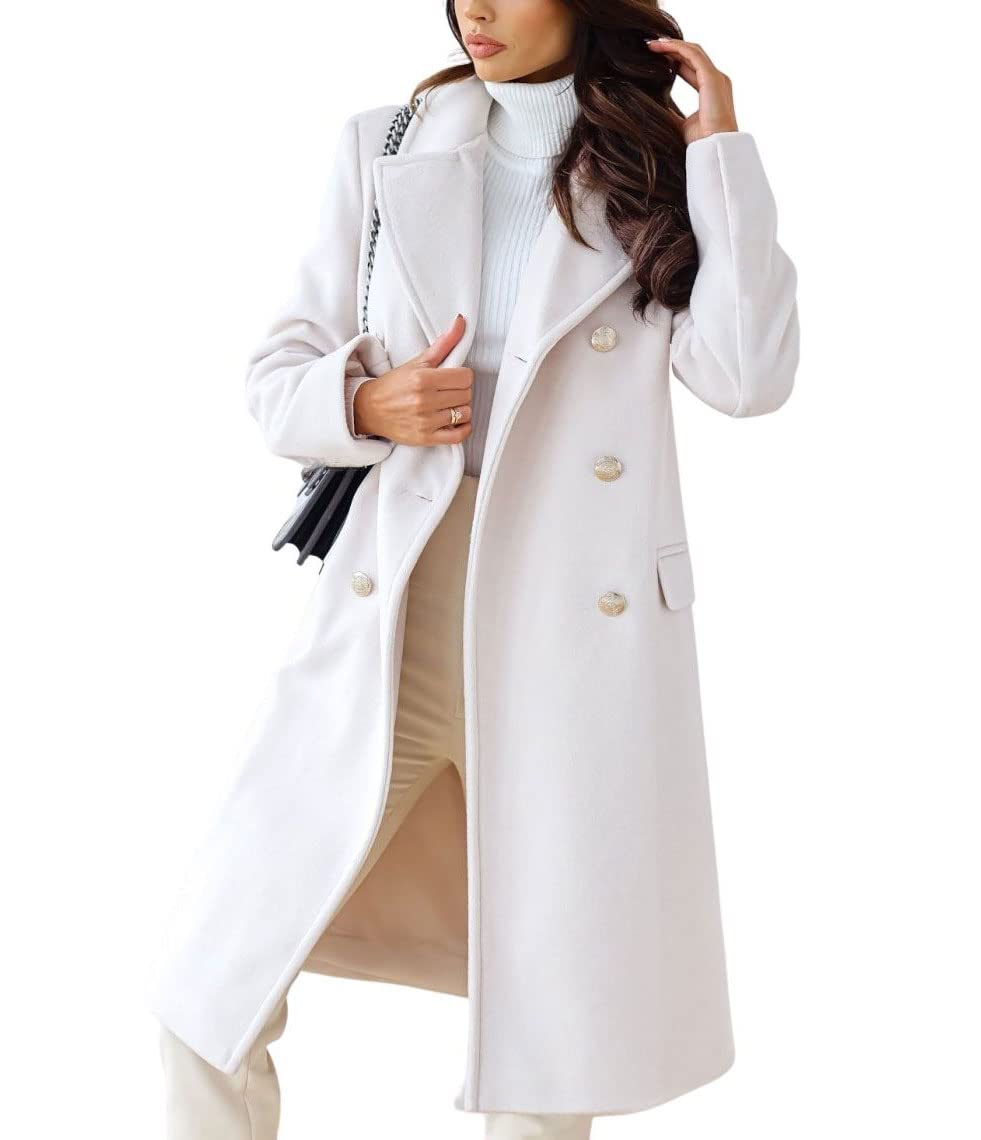 chouyatou Women's Winter Lapel Double Breasted Office Work Long Wool Pea Coat Overcoat