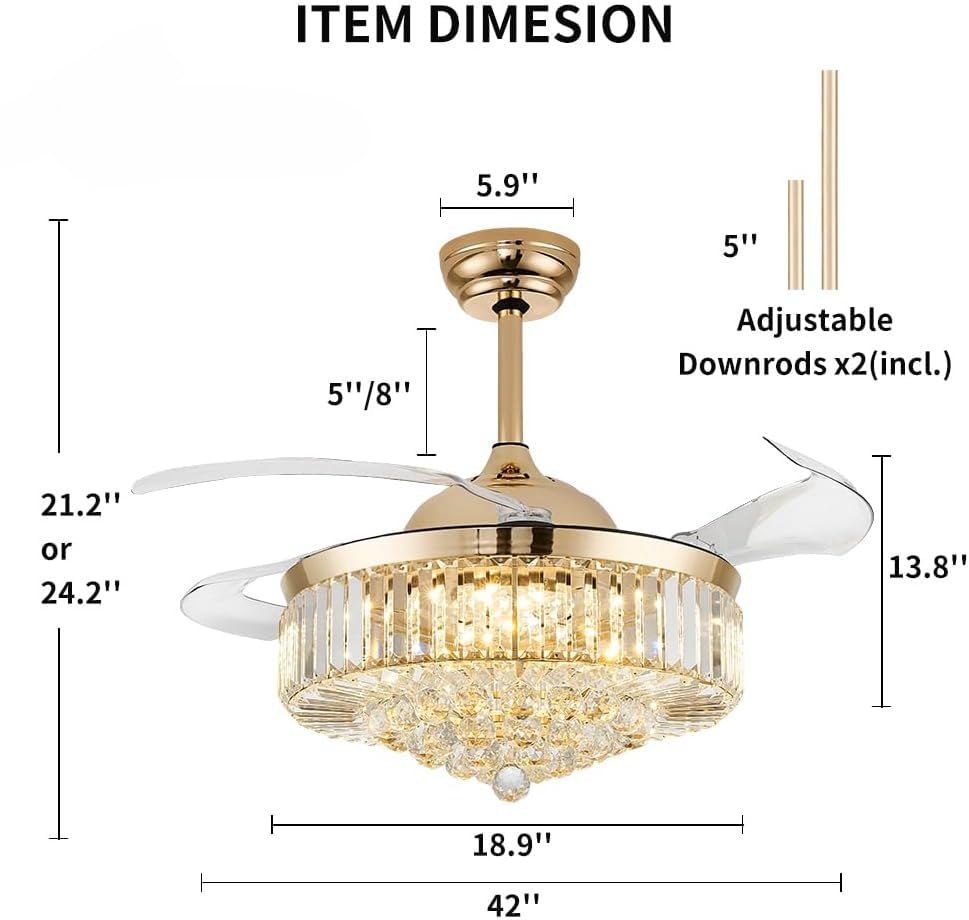 42'' Fandelier Ceiling Fans with Light, Chandelier Ceiling Fan, Retractable Crystal Ceiling Fan for Bedroom, Living Room, 3 Color Change, LED Dimmable, 6 Speeds, Reversible DC Motor-Champagne Gold