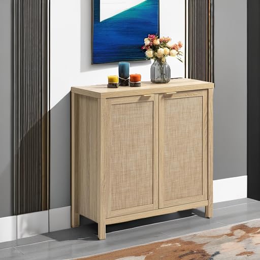 SICOTAS Rattan-Sideboard, Buffetschrank – großer Küchenschrank im Boho-Stil mit Rattan-Aufbewahrung – Holz-Kaffeebar-Schrank, Buffet-Konsolentisch für Esszimmer, Wohnzimmer, Flur – Natur 