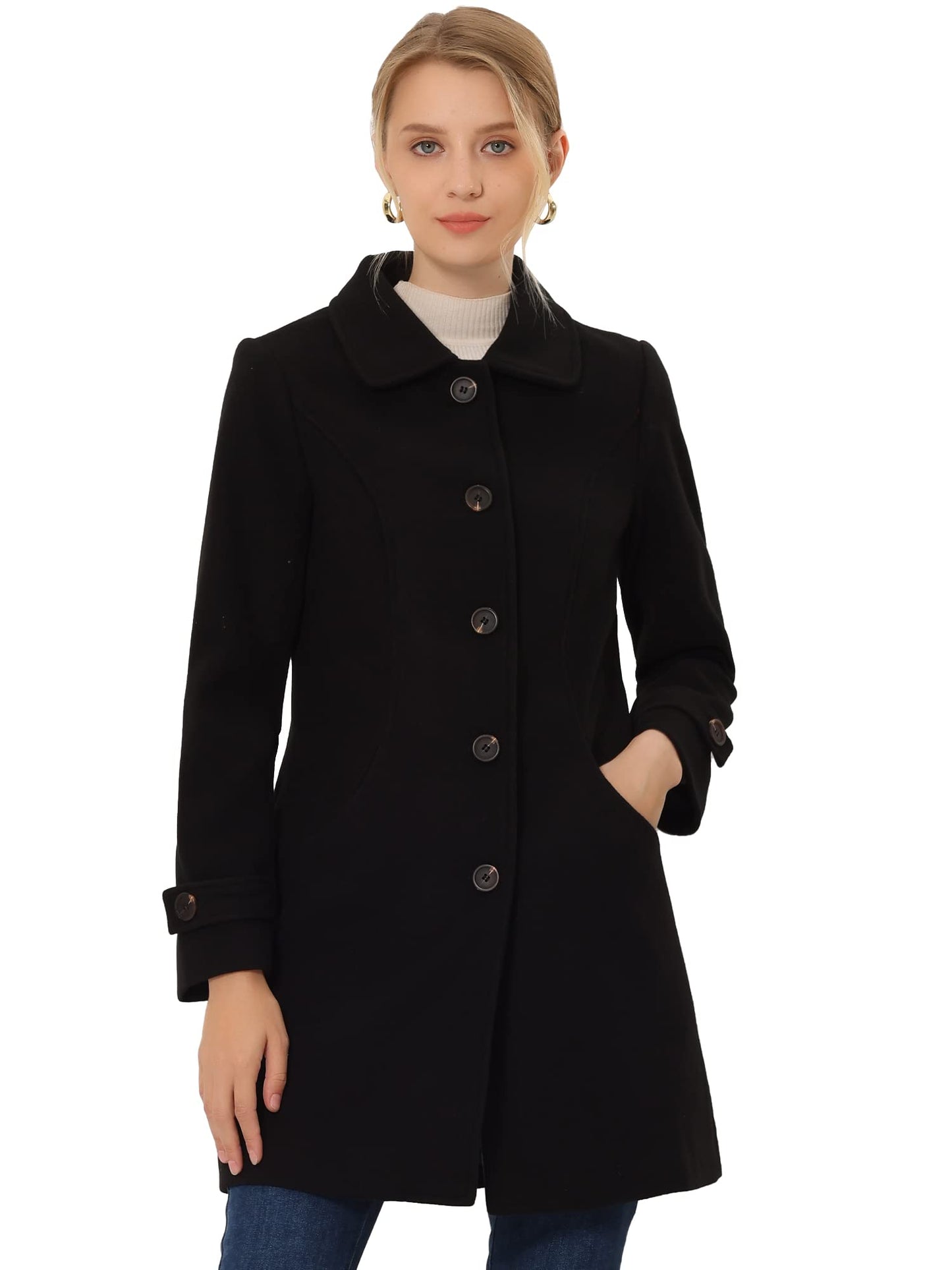 Allegra K Damen Winter Oberbekleidung Mantel Peter Pan Kragen Mitte Oberschenkel A-Linie Einreihig Pea Coat