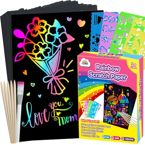 ZMLM Scratch Art Crafts Boys Gifts, Rainbow Scratch Paper Art Gifts for 3 4 5 6 7 8 9 10 Years Old Girls and Boys Kids, Mother Day Crafts for Kids Birthday Toys and Games Activities Gift (Blue)