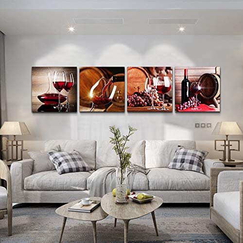 TTHYUEWS Canvas Wall Art For Kitchen Dining Room Wall Decor Wine Glass Wall Painting Still Life Wine Fruit Goblet Frame Wall Pictures Prints Artwork Bar Restaurant Decoration Home Decor 4 Piece Set