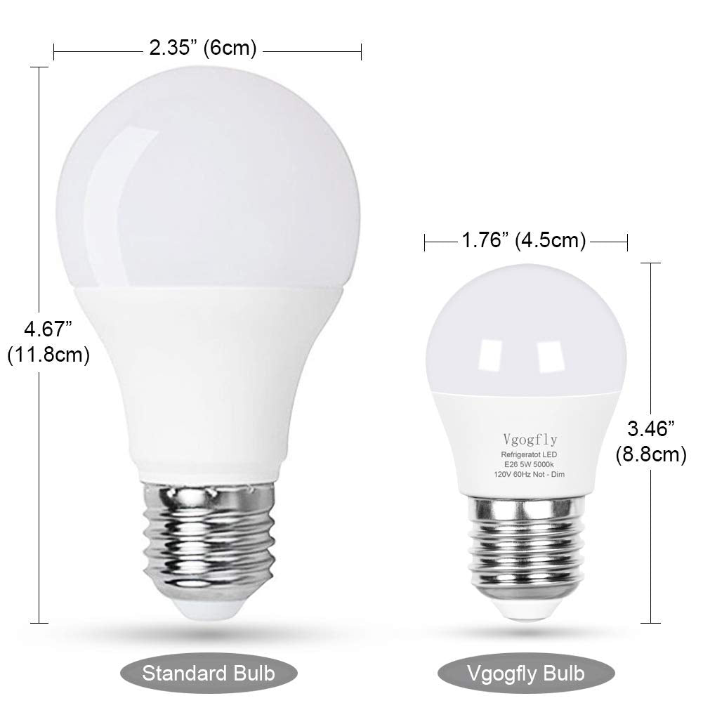 Vgogfly LED-Kühlschrank-Glühbirne, 40 W, entspricht 120 V, A15, wasserdichte Kühlschrank-Glühbirne, 5 W, Tageslichtweiß 5000 K, E26, mittlerer Sockel, Gefrierschrank-Heimbeleuchtungslampe, nicht dimmbar (2er-Pack) 