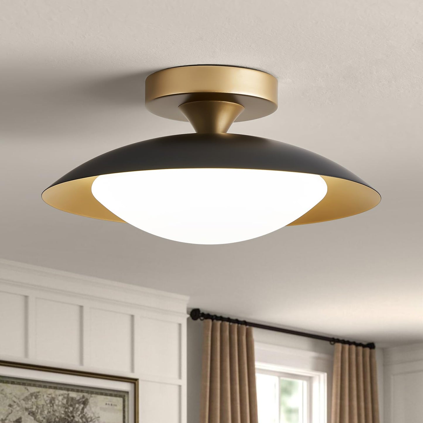 Dimmable Mid Century Modern Semi Flush Mount Ceiling Light with Acrylic Shade,Black Gold LED Ceiling Light,5CCT 2700K-6000K Light Fxiture for Hallway Bedroom Kitchen Laundry Room Living Room 15.7 in