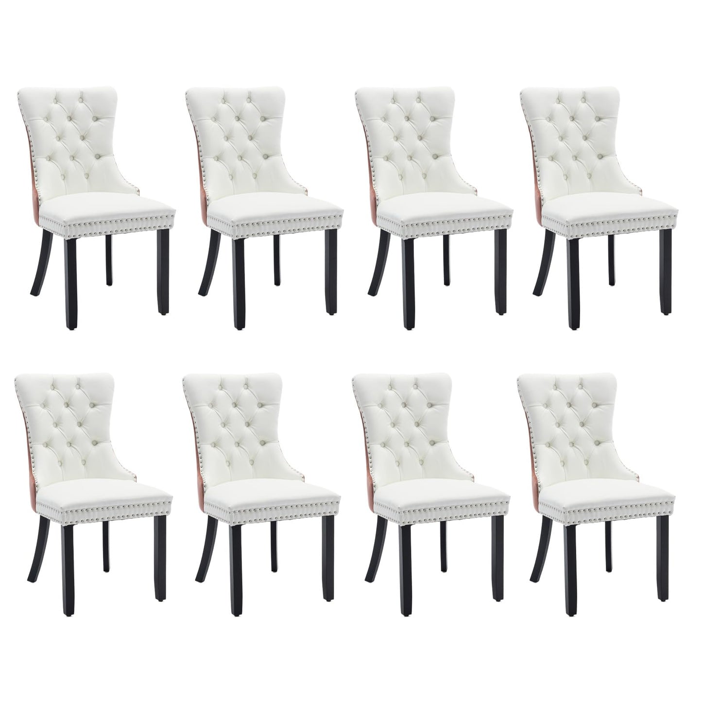 SoarFlash Leather Dining Chairs Set of 8, Tall Back Side Chair, Modern Upholstered Side Chair with Button Back Ring, Solid Wood Legs (Black&Grey)