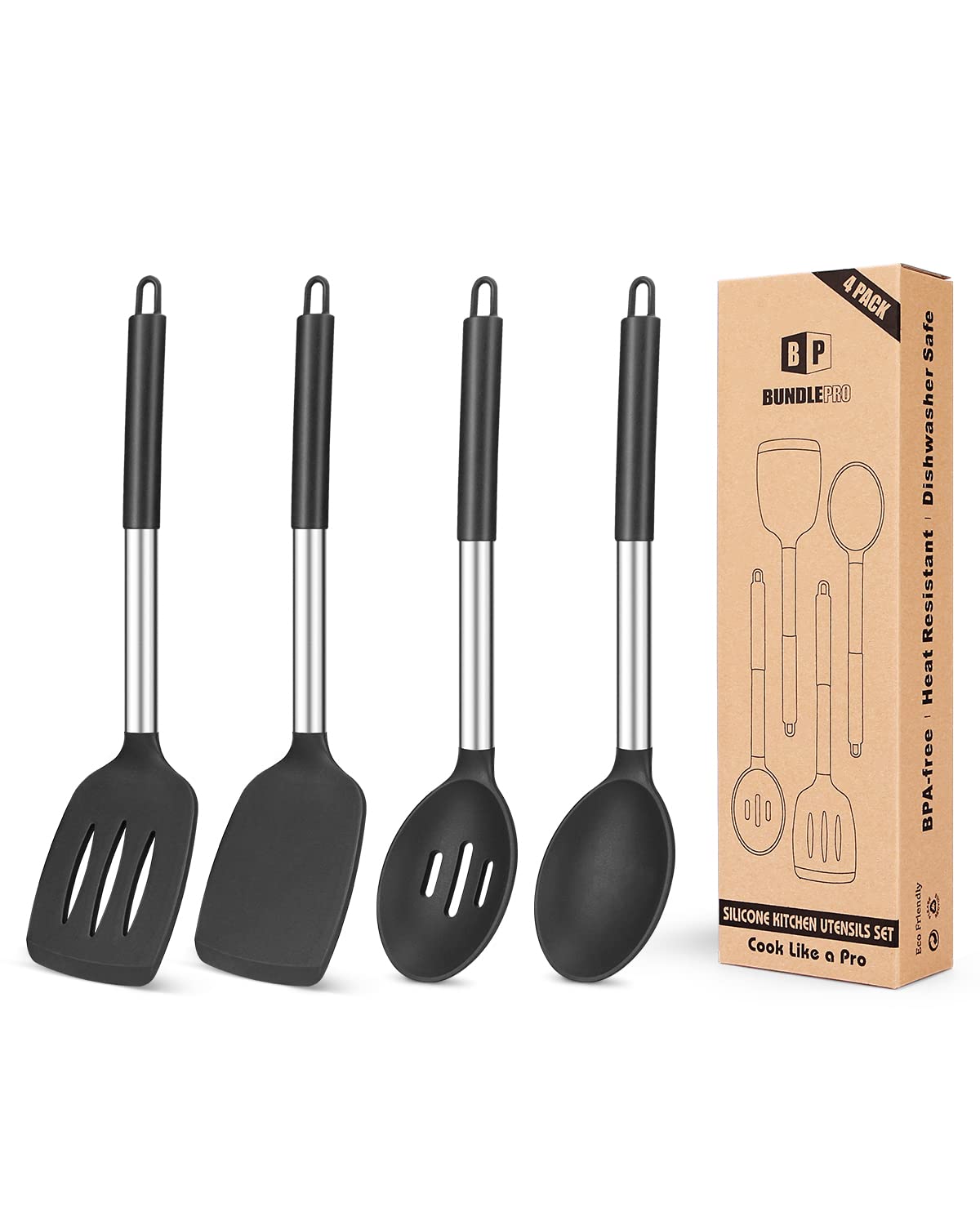 Pack of 4 Silicone Cooking Utensils Set, Non Stick Large Solid Spatulas, Heat Resistant Rose Gold Khaki Slotted Spoons, Ideal BPA Free Kitchen Turners for Frying, Mixing,Serving,Draining,Turning