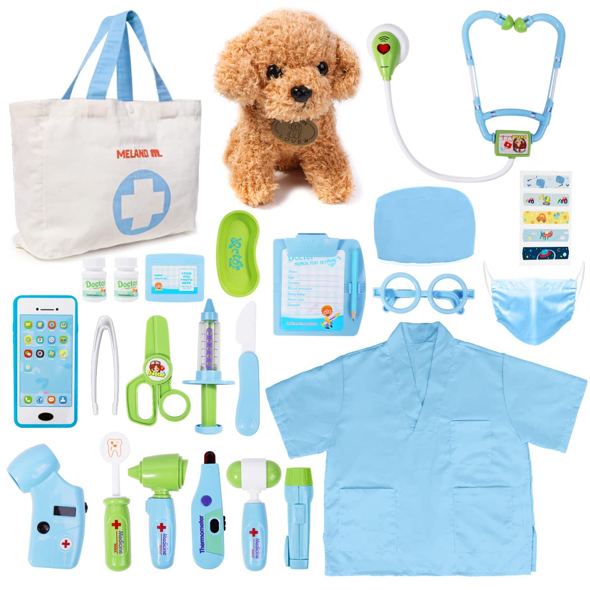 Meland Toy Doctor Kit for Girls - Pretend Play Doctor Set with Dog Toy, Carrying Bag, Stethoscope Toy & Dress Up Costume - Doctor Play Gift for Kids Toddlers Ages 3 4 5 6 Year Old for Role Play