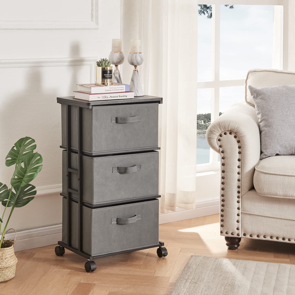 MAX Houser Dresser Storage with 3 Drawers, Fabric Dresser Tower, Vertical Storage Unit for Bedroom, Closet, Office, Black