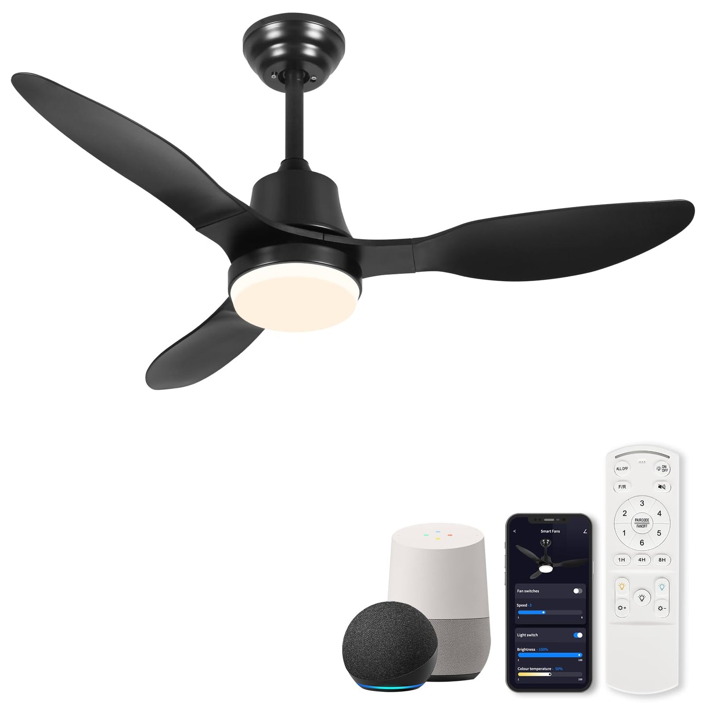42” Smart Ceiling Fan with Light – WiFi, Alexa, Remote, LED, Black Blades
