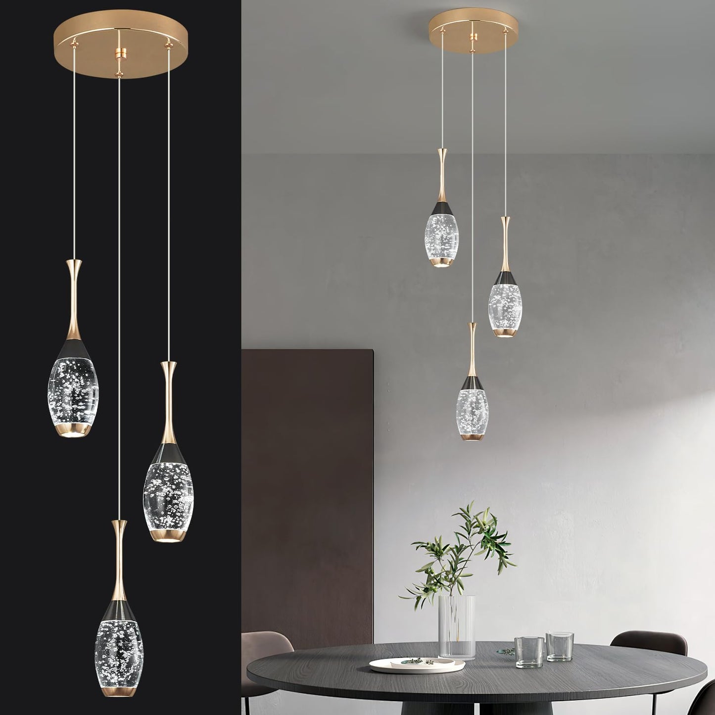 Modern Black Gold Pendant Light Dimmable LED Ceiling Light Fixtures Mini Teardrop Crystal Pendant Lighting for Kitchen Island Bedroom Hallway Entryway (3-Pack)