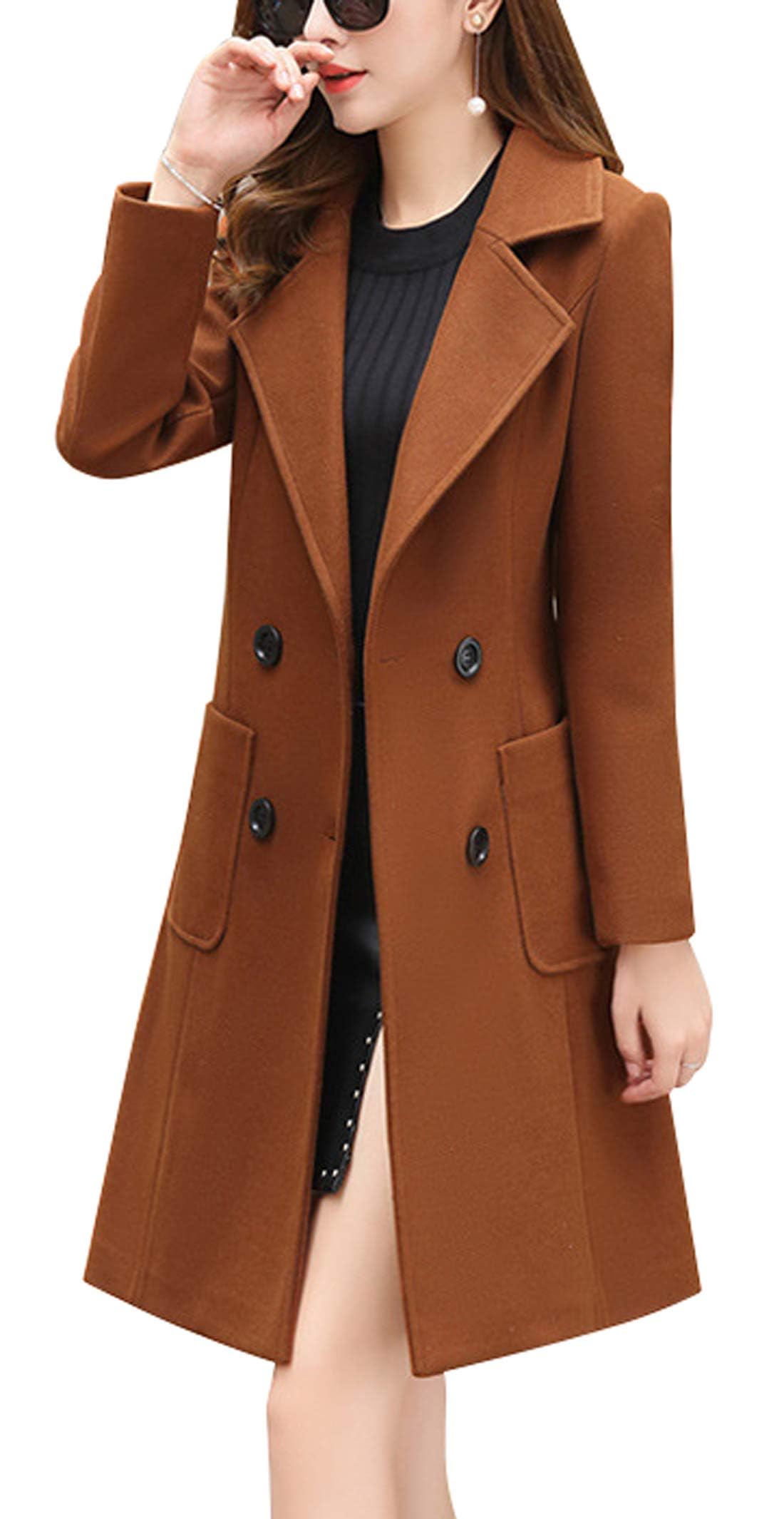 chouyatou Women Elegant Notched Collar Double Breasted Wool Blend Over Coat