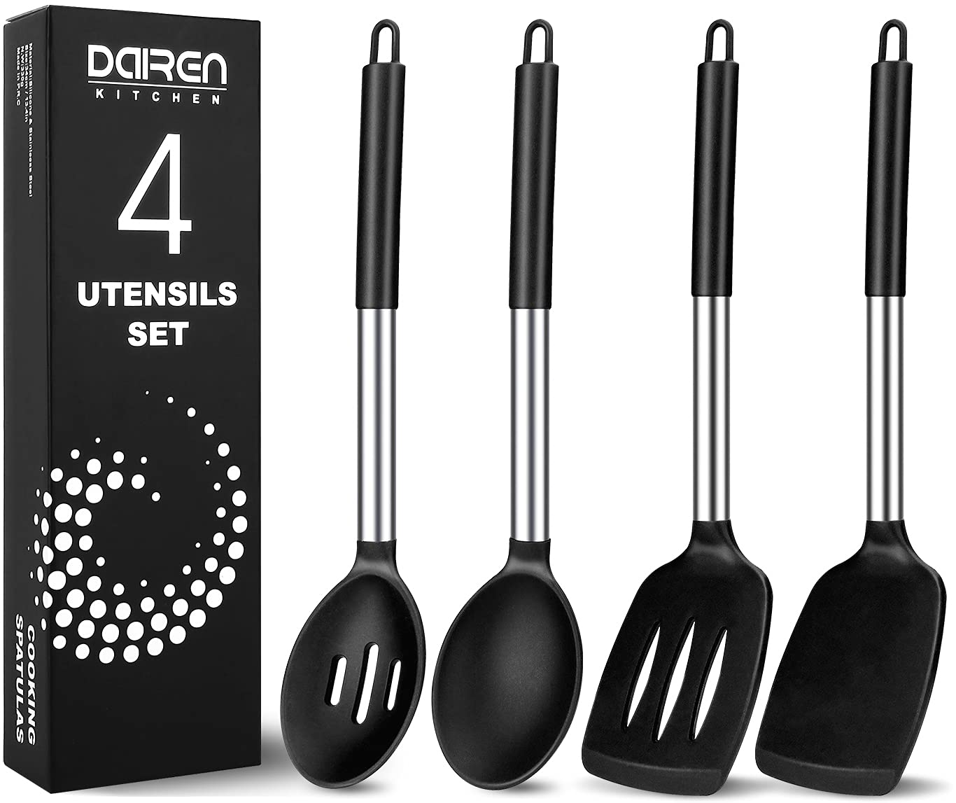 Pack of 4 Large Silicone Cooking Spatulas and Spoons, Slotted and Solid Stainless Steel Cooking Utensils Set, Non-stick Heat Resistant Kitchen for Baking, Fried, Stir-Fry, Mixing, Serving (Grey)