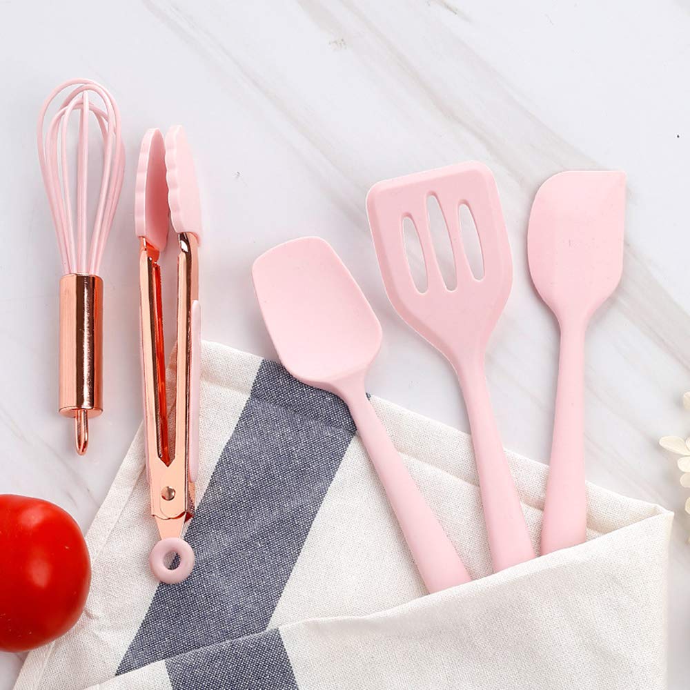 Mini ustensiles de cuisine en or rose et gris, ensemble de cinq petits outils de cuisine en silicone pour enfants, fouet, spatule, pince, cuillère et spatule à fentes pour la cuisine (fournitures de pâtisserie pour enfants) gris 