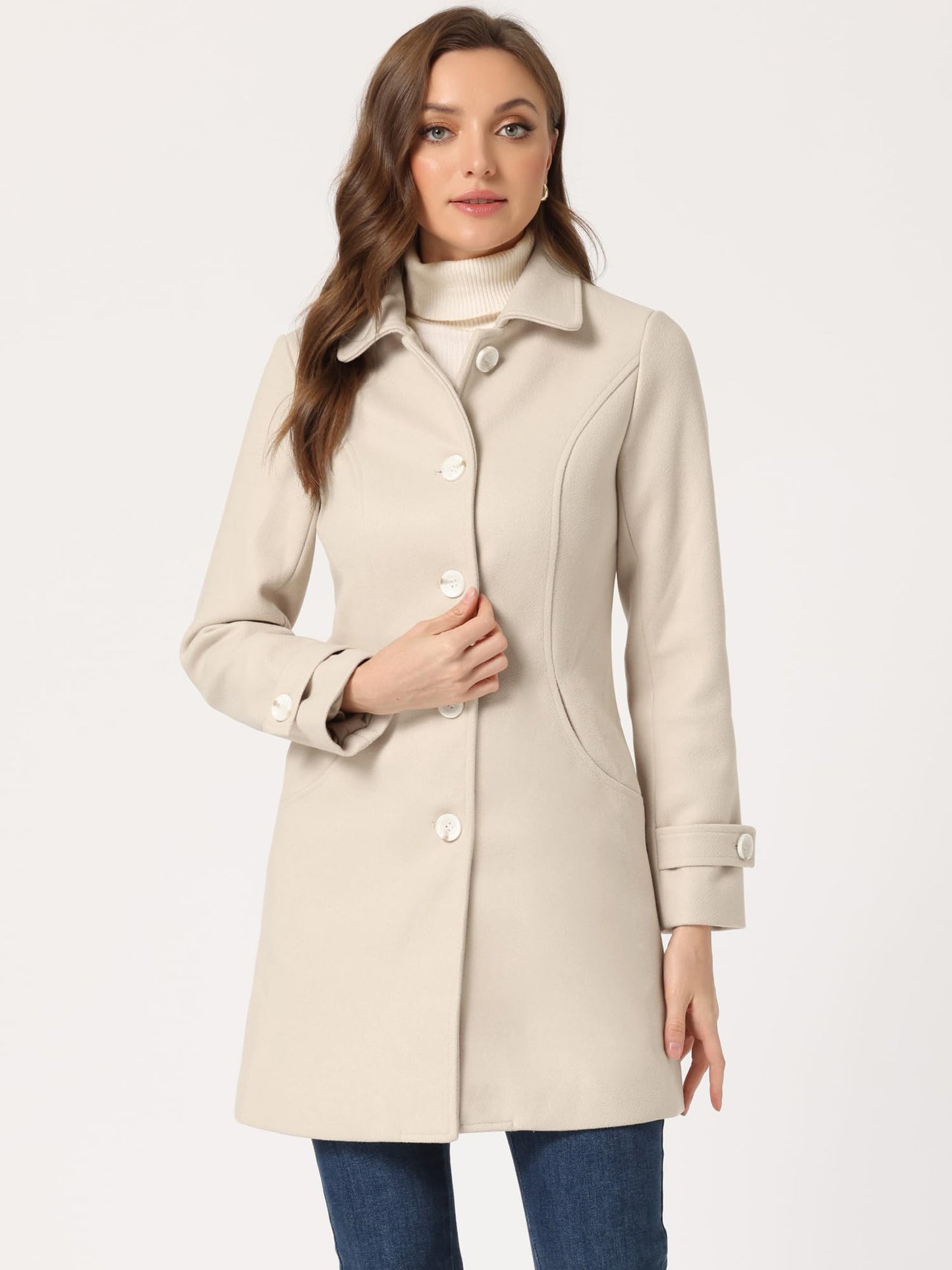 Allegra K Damen Winter Oberbekleidung Mantel Peter Pan Kragen Mitte Oberschenkel A-Linie Einreihig Pea Coat