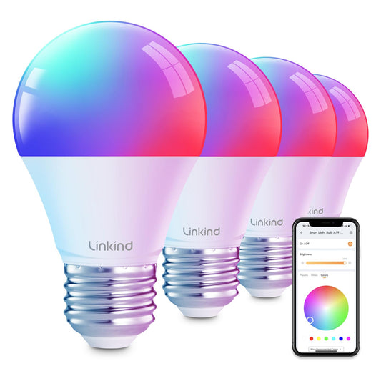 Ampoules intelligentes Linkind, ampoule intelligente qui fonctionne avec Alexa et Google Home, ampoules LED à changement de couleur, 64 scènes prédéfinies, synchronisation musicale, ampoule A19 E26 2,4 GHz RGBTW WiFi Bluetooth 60 W, 800 lm, lot de 4 