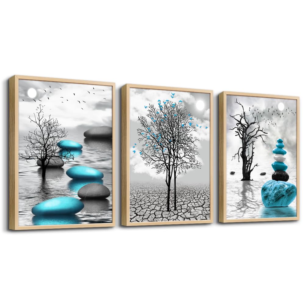 Canvas Wall Art for Living Room Wall Decor for Bedroom Bathroom Black and White Paintings Modern 3 Piece Framed Canvas Art Prints Ready to Hang Inspirational Abstract Blue Pictures Home Decorations