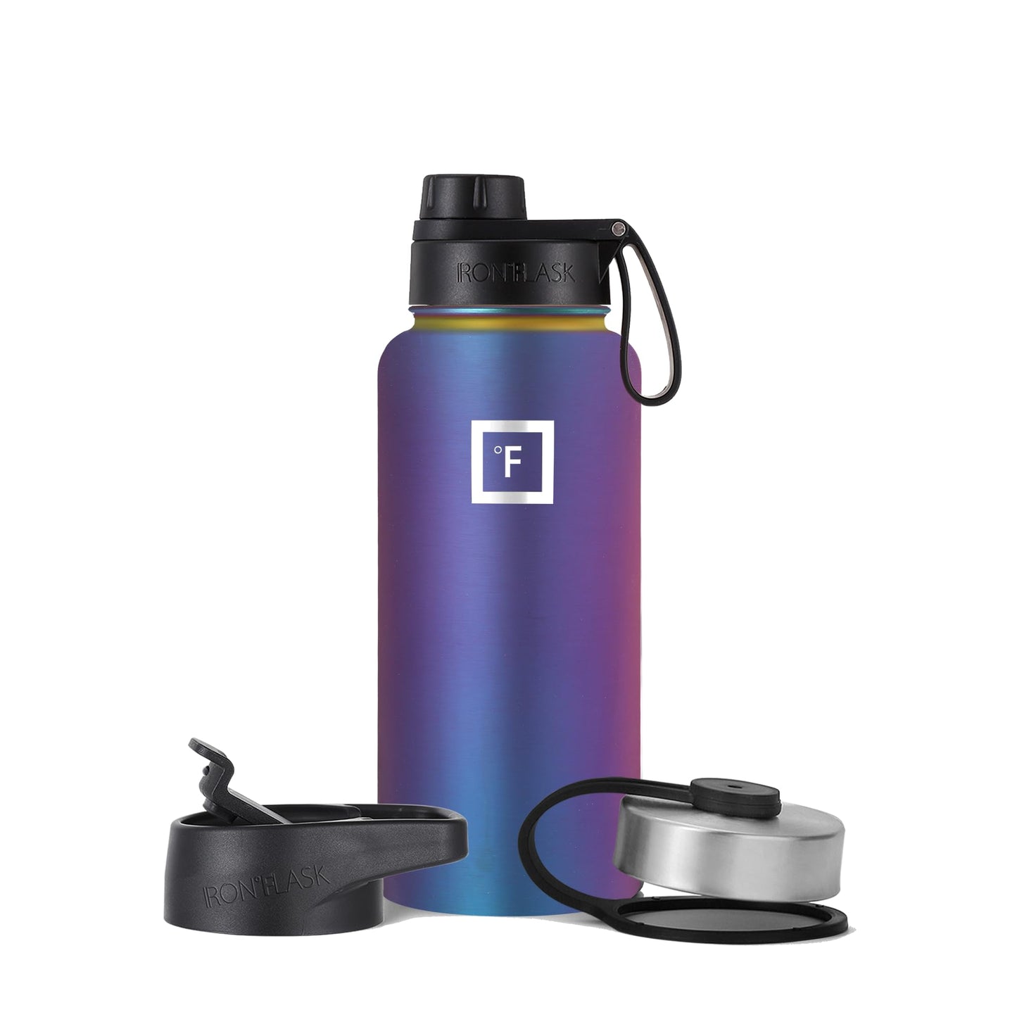 Bouteille d'hydratation de camping et de randonnée IRON °FLASK avec 3 couvercles - Bouteille d'eau en acier inoxydable, à double paroi et isolée sous vide - Anti-fuite et sans BPA (Dark Night, Straw - 32 oz) 