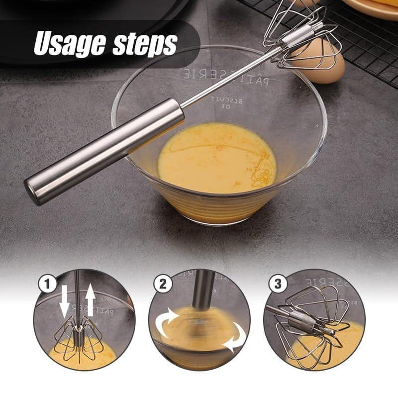 Stainless Steel Semi-Automatic Whisk, Egg Whisk Hand Push Whisk Blender, Hand Push Mixer Stirrer Tool for Cooking Kitchen Home Egg Milk (10 in)