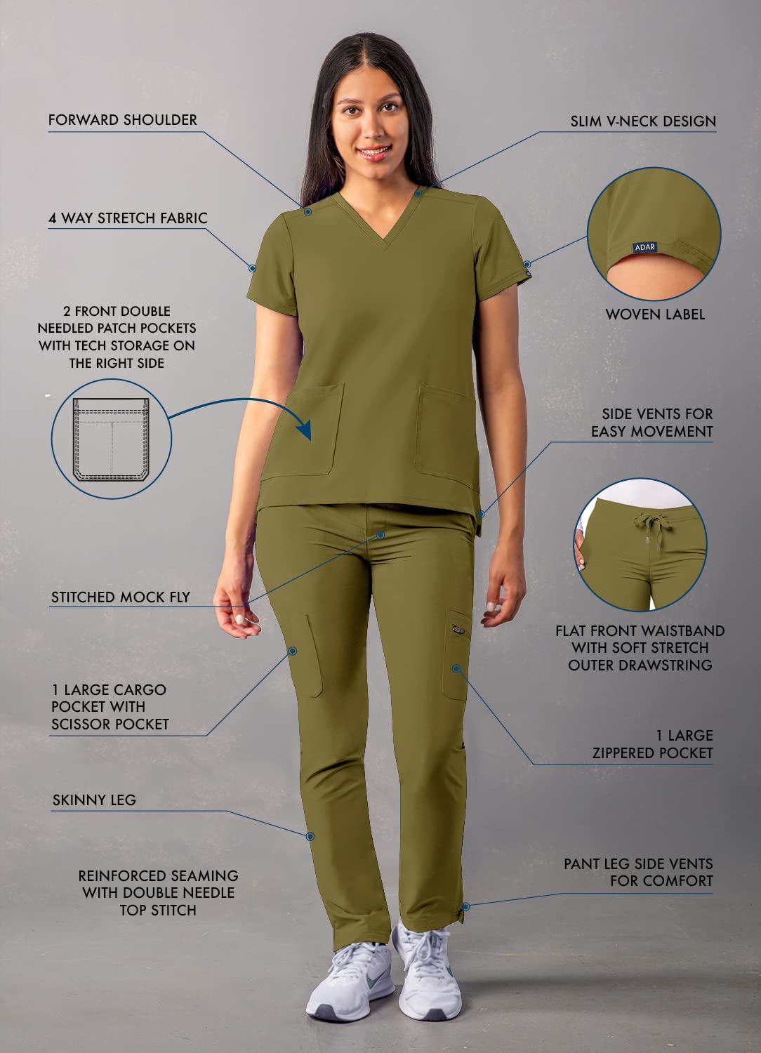 Adar Addition Go-Basic Scrub Set for Women - Slim V-Neck Scrub Top & Skinny Cargo Scrub Pants