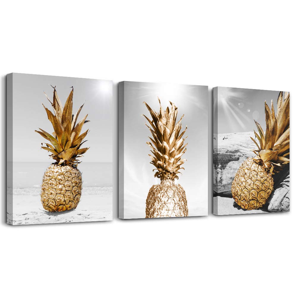 TTHYUEWS Canvas Wall Art for bar kitchen Living Room Office Bathroom home decoration Board Black and white Beach scenery golden Pineapple pictures Artwork restaurant Wall Decor Ready to Hang