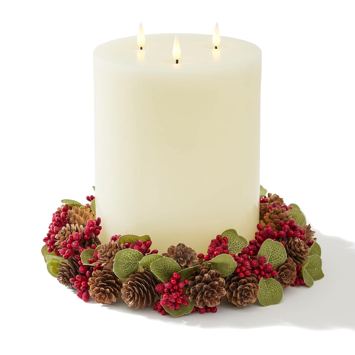 LampLust Christmas Candle Rings Wreaths, Set of 3, Mini Wreath with Mini Pine Cones & Red Berries, Fits 3 Inch Pillar Candles, Candle Rings for Pillars, Christmas Table Decor, Holiday Decorations