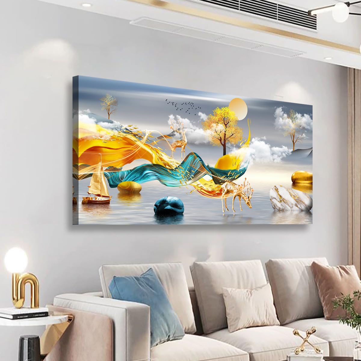 Golden Lotus Pictures Canvas Wall Art for Living room Office Bedroom Wall Decor,Flowers Wall Art Print Paintings Modern Abstract Oil Painting Artwork Waterproof Ready to Hang-20x40inch