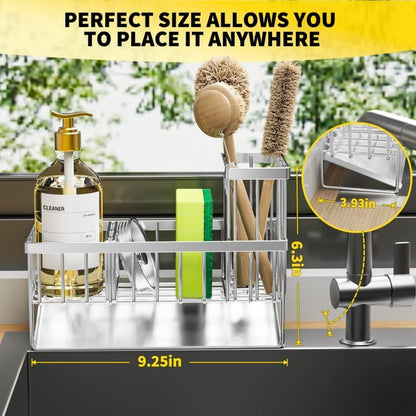 Kitchen Sink Caddy Organzier with High Brush Holder, Sponge Holder for Sink, 304 Rustproof Stainless, Kitchen Countertop Soap Dispenser Organizer, Kitchen Decor and Accessories