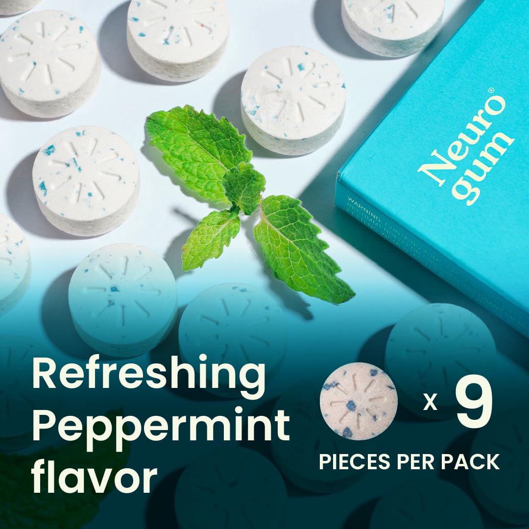 NeuroGum Energy Caffeine Gum (54 Pieces) - Sugar Free with L-theanine + Caffeine + Vitamin B12 & B6 - Nootropic Energy & Focus Supplement for Women & Men - Peppermint Flavor (Packaging May Vary)