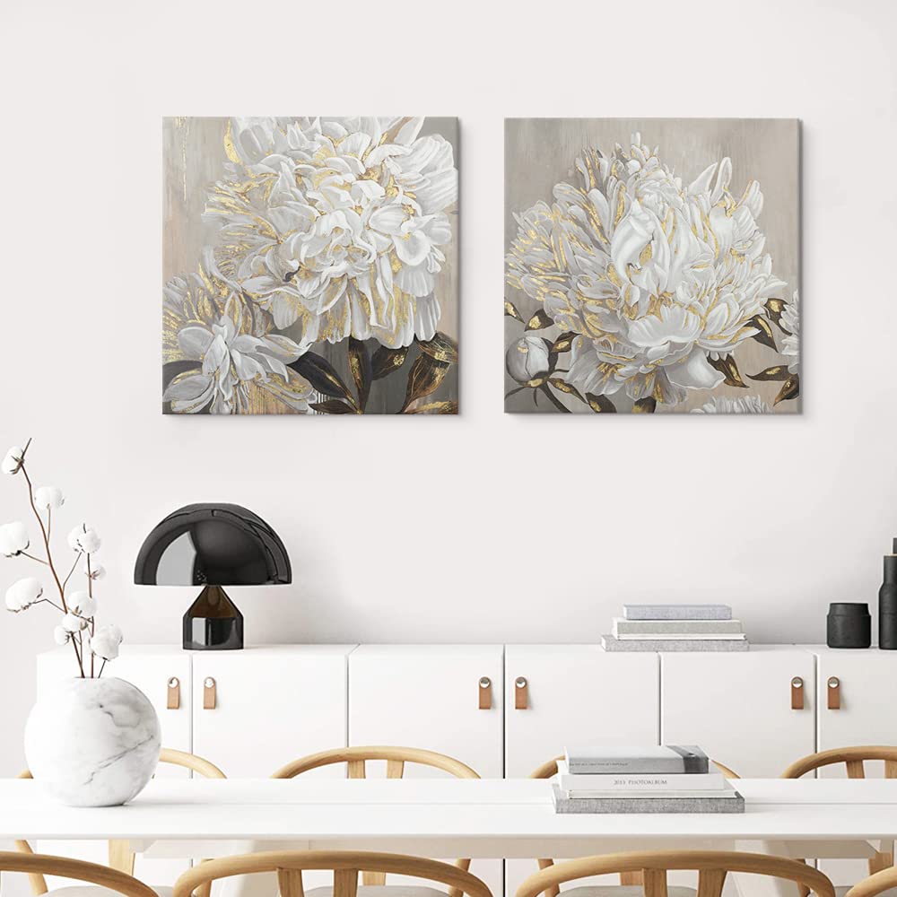 Goldfoilart Décoration murale florale moderne en fleurs blanches avec peintures en feuille d'or, œuvres d'art encadrées pour salon, chambre à coucher, cuisine, 61 x 61 cm x 2 pièces 