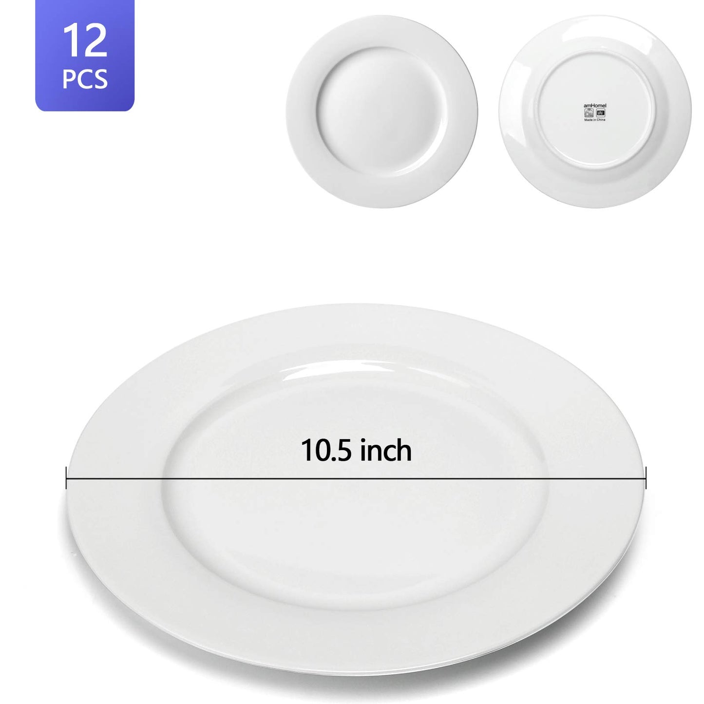 amhomel 12-Piece White Porcelain Dinner Plates, Round Dessert or Salad Plate, Serving Dishes, Dinnerware Sets, Scratch Resistant, Lead-Free, Microwave, Oven and Dishwasher Safe (10.5-inch)