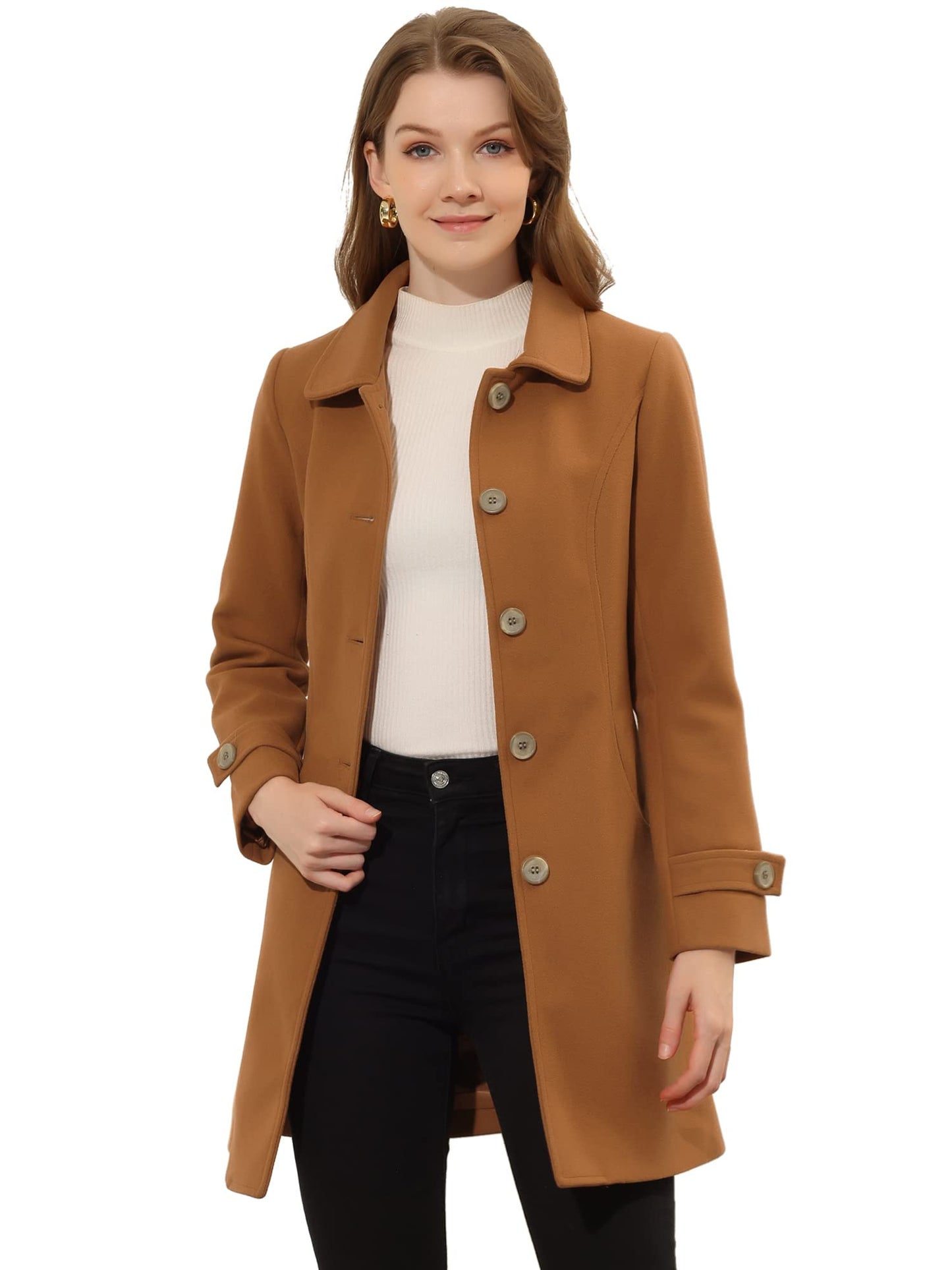 Allegra K Damen Winter Oberbekleidung Mantel Peter Pan Kragen Mitte Oberschenkel A-Linie Einreihig Pea Coat