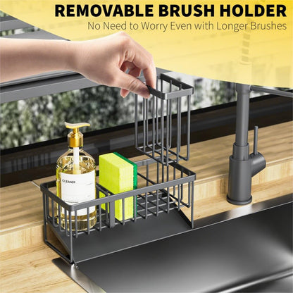 Kitchen Sink Caddy Organzier with High Brush Holder, Sponge Holder for Sink, 304 Rustproof Stainless, Kitchen Countertop Soap Dispenser Organizer, Kitchen Decor and Accessories