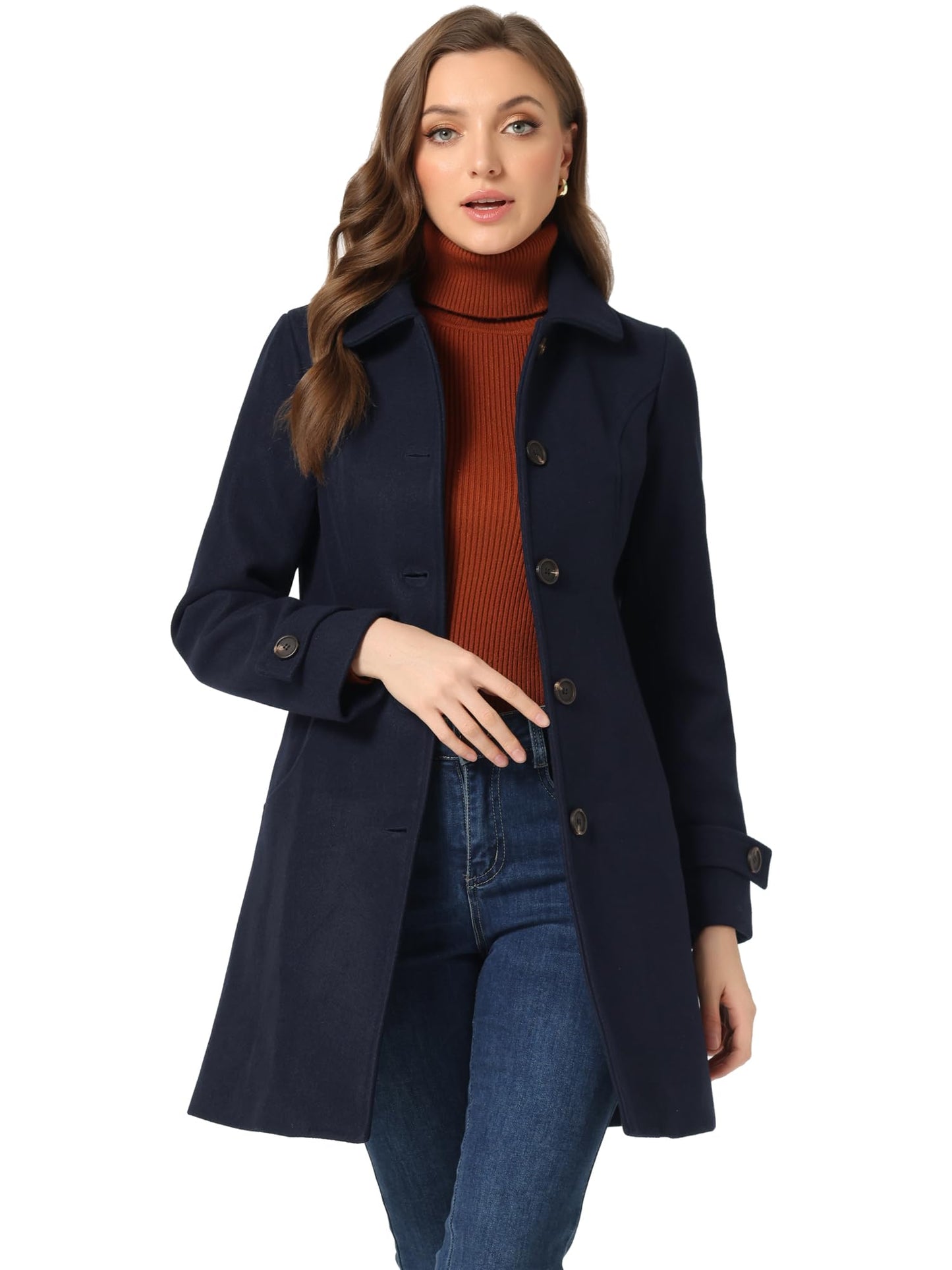 Allegra K Damen Winter Oberbekleidung Mantel Peter Pan Kragen Mitte Oberschenkel A-Linie Einreihig Pea Coat