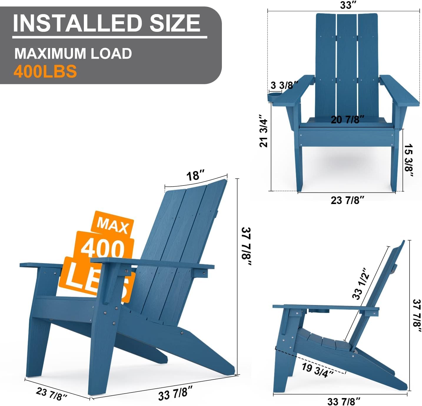 MXIMU Moderne Adirondack-Stühle, 4er-Set, wetterbeständig, mit Getränkehalter, übergroße Feuerstellenstühle aus Kunststoff, Kunststoff-Außenstühle für den Sitzbereich an der Feuerstelle (schwarz) 