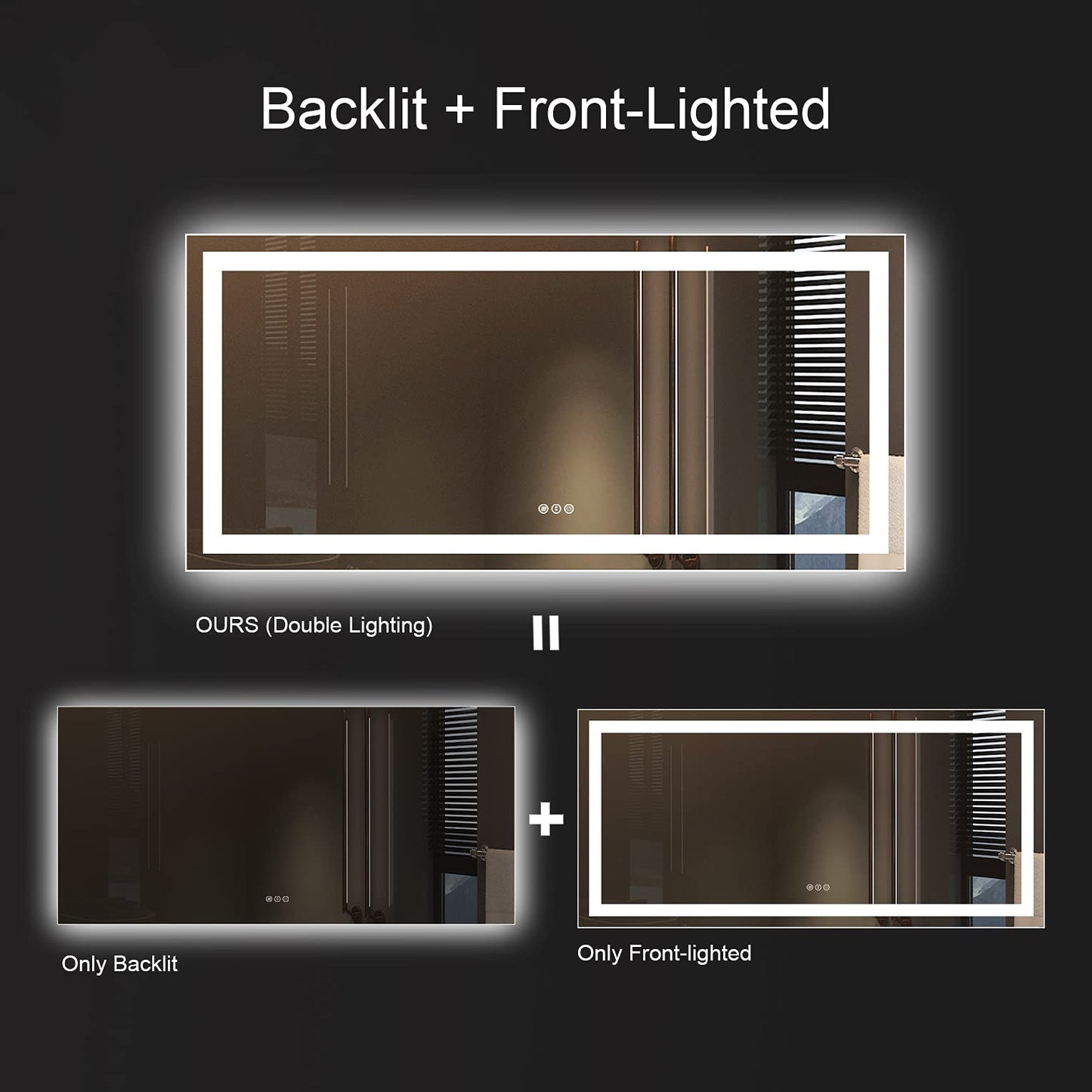 Amorho 20"x 28" LED Bathroom Mirror with Black Frame, Front Light and Backlit(Controlled Separately), Stepless Dimmable, Anti-Fog, Shatter-Proof, 3 Colors, Memory