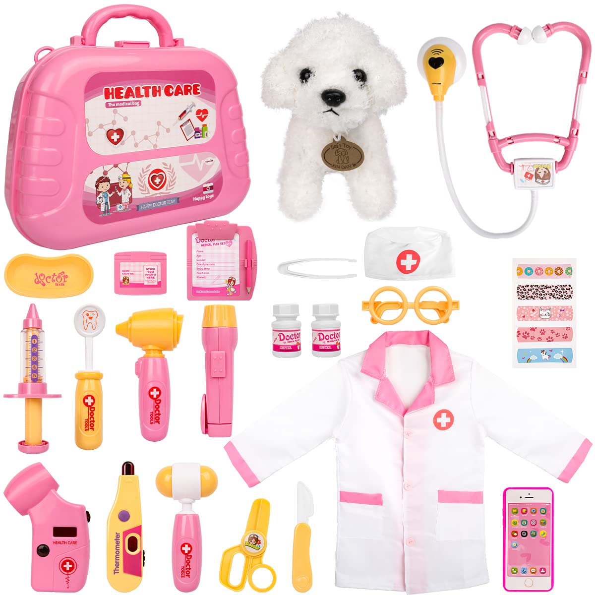 Meland Toy Doctor Kit for Girls - Pretend Play Doctor Set with Dog Toy, Carrying Bag, Stethoscope Toy & Dress Up Costume - Doctor Play Gift for Kids Toddlers Ages 3 4 5 6 Year Old for Role Play