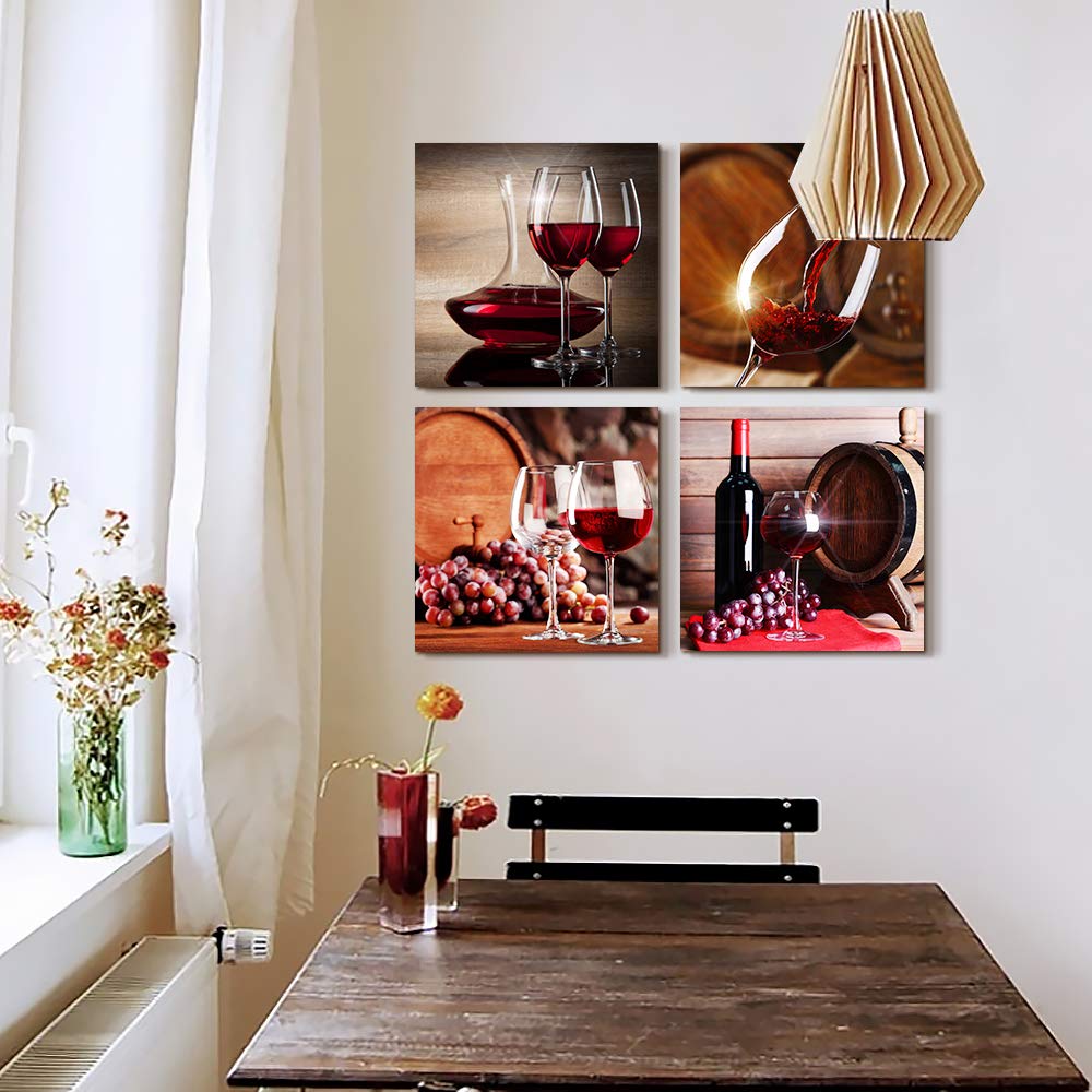 TTHYUEWS Canvas Wall Art For Kitchen Dining Room Wall Decor Wine Glass Wall Painting Still Life Wine Fruit Goblet Frame Wall Pictures Prints Artwork Bar Restaurant Decoration Home Decor 4 Piece Set