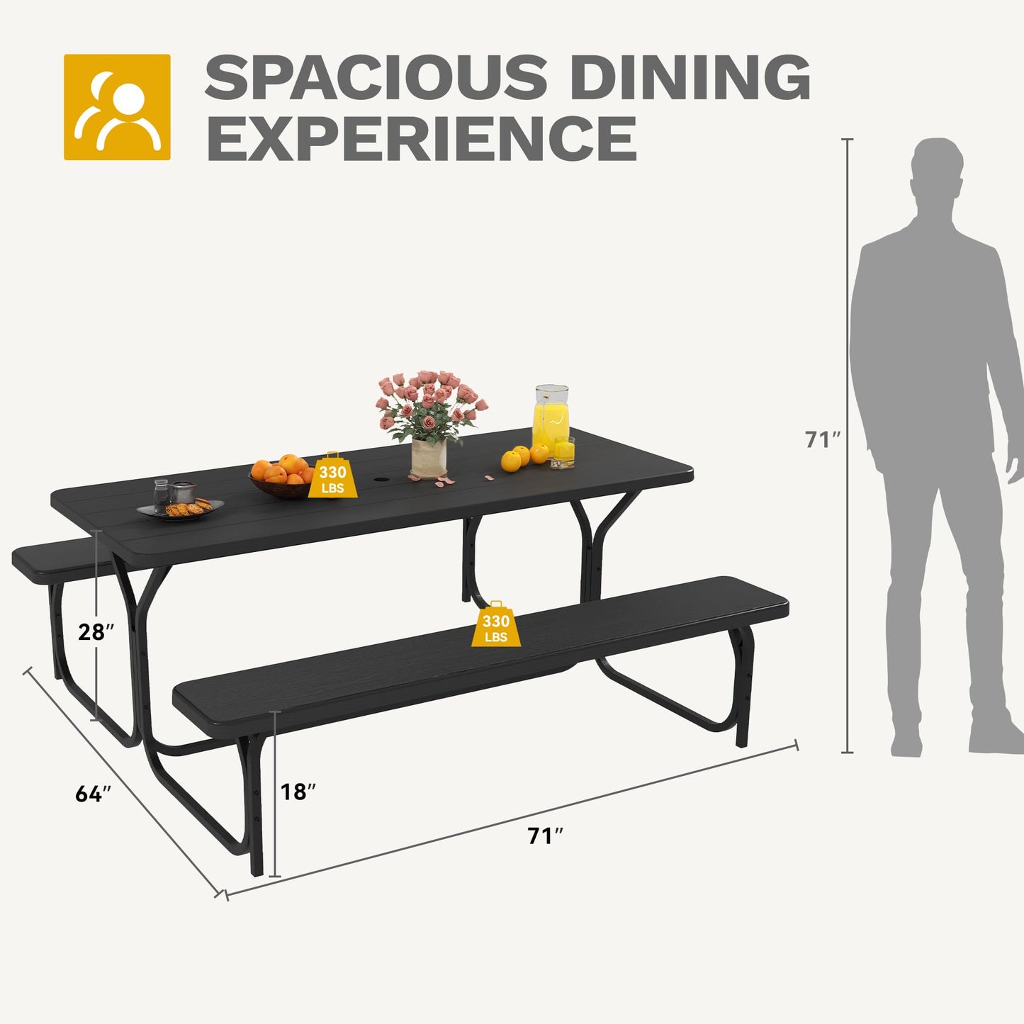 YITAHOME Table de pique-nique d'extérieur de 1,8 m avec plateau en bois, cadre en acier robuste et ouverture pour parapluie, table de pique-nique robuste idéale pour la cour, le patio, les rassemblements sur la pelouse, marron clair 